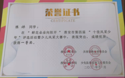 2021年陈焃所获荣誉（指导老师：陈松强）