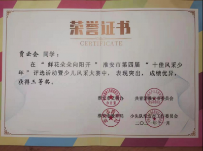 2021年贾云会所获荣誉（指导老师：许媛媛）