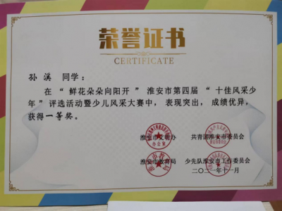 2021年孙溪所获荣誉（指导老师：赵筱雪）