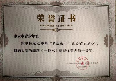 “梦想花开”江苏省首届少儿舞蹈大赛的舞蹈《一粒米》获优秀表演一等奖